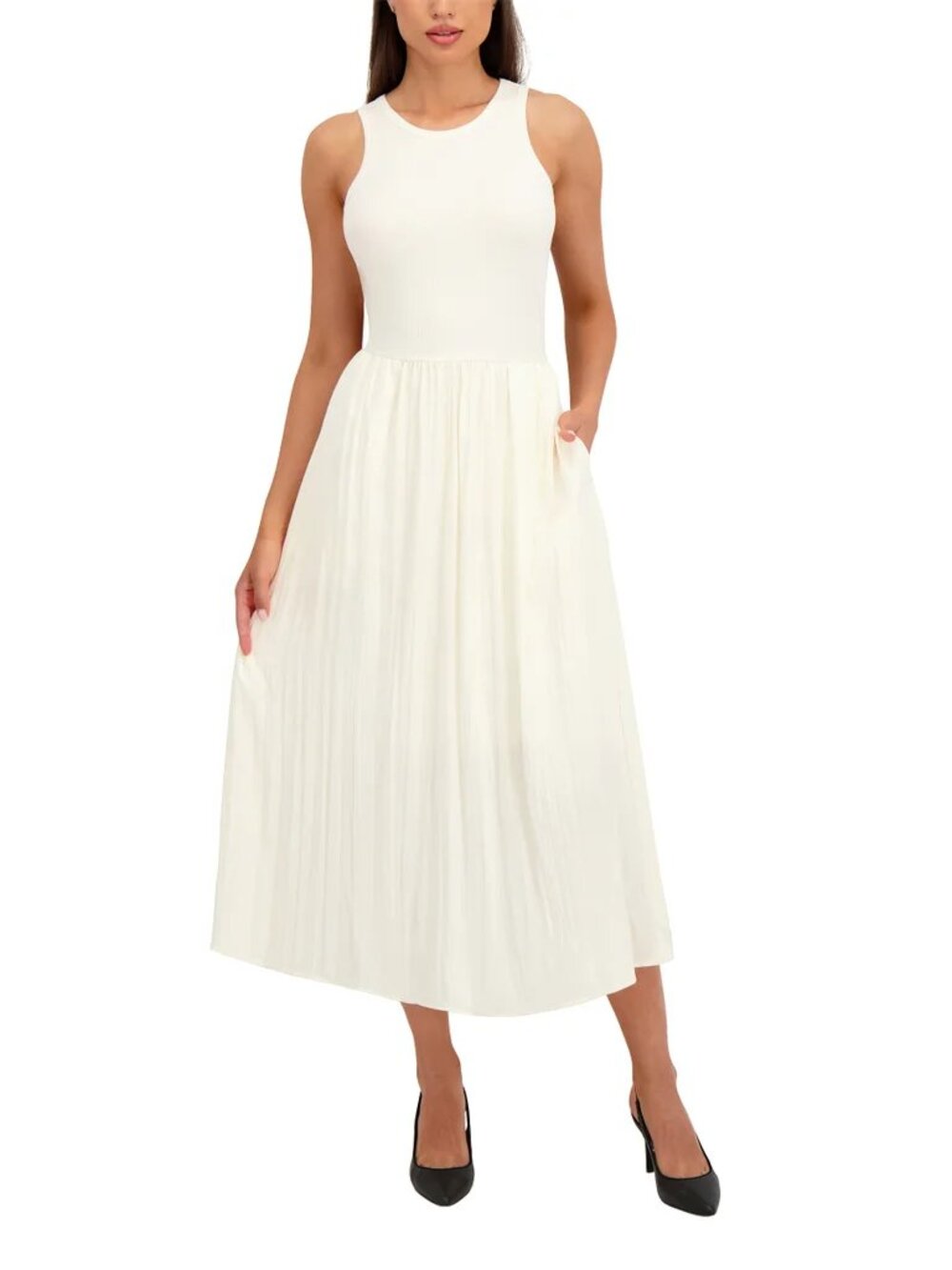 DKNY Women's Maxi Dress with Pleated Soft Skirt Bottom, Ivory, L